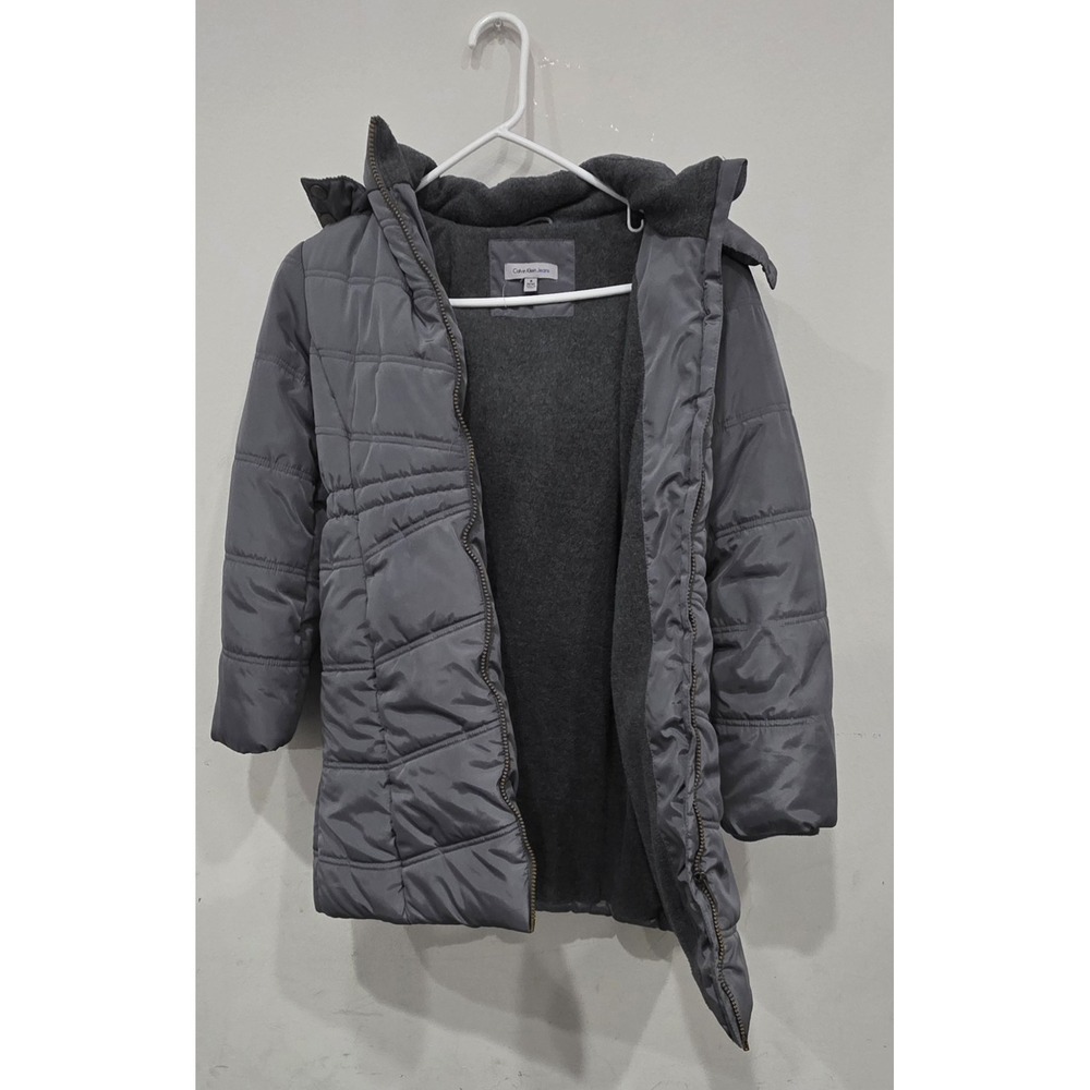 Calvin Klein Girls' Aerial Long Puffer Jacket Faux Fur Hood Lining Grey size M